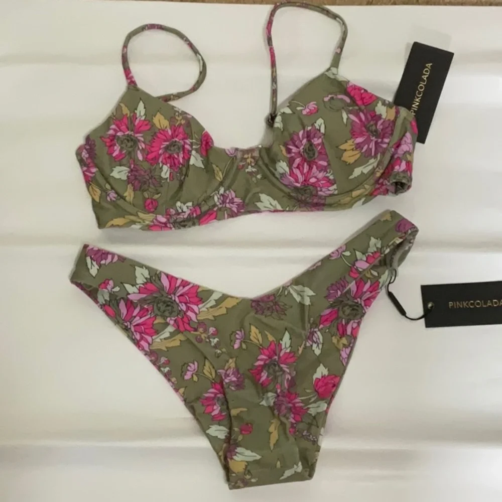 PinaColada Swim Green Floral Bikini NWT |Green/Pink | Size: SMALL - Picture 1 of 8